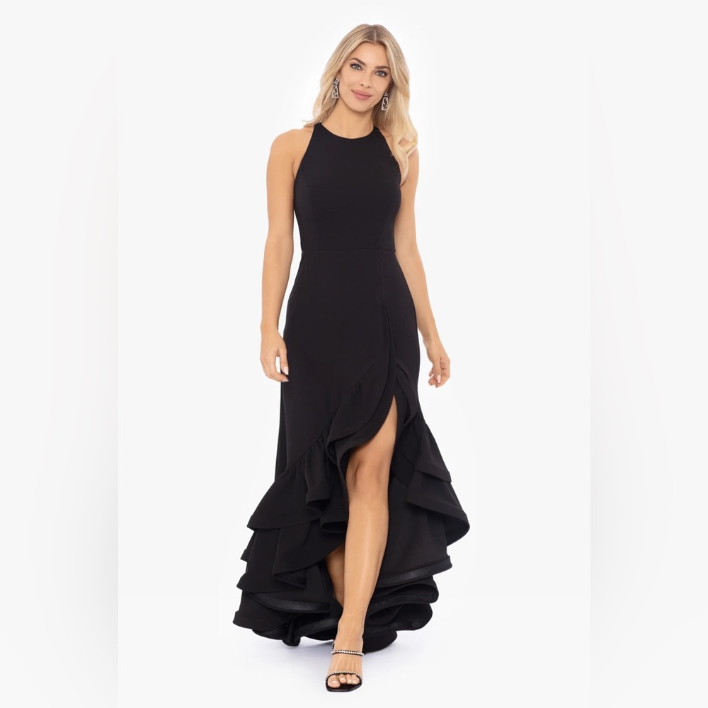 Betsy & Adam SZ 2P Black Halter Ruffle Hem Evening Gown NWT GALA BLACK TIE PARTY